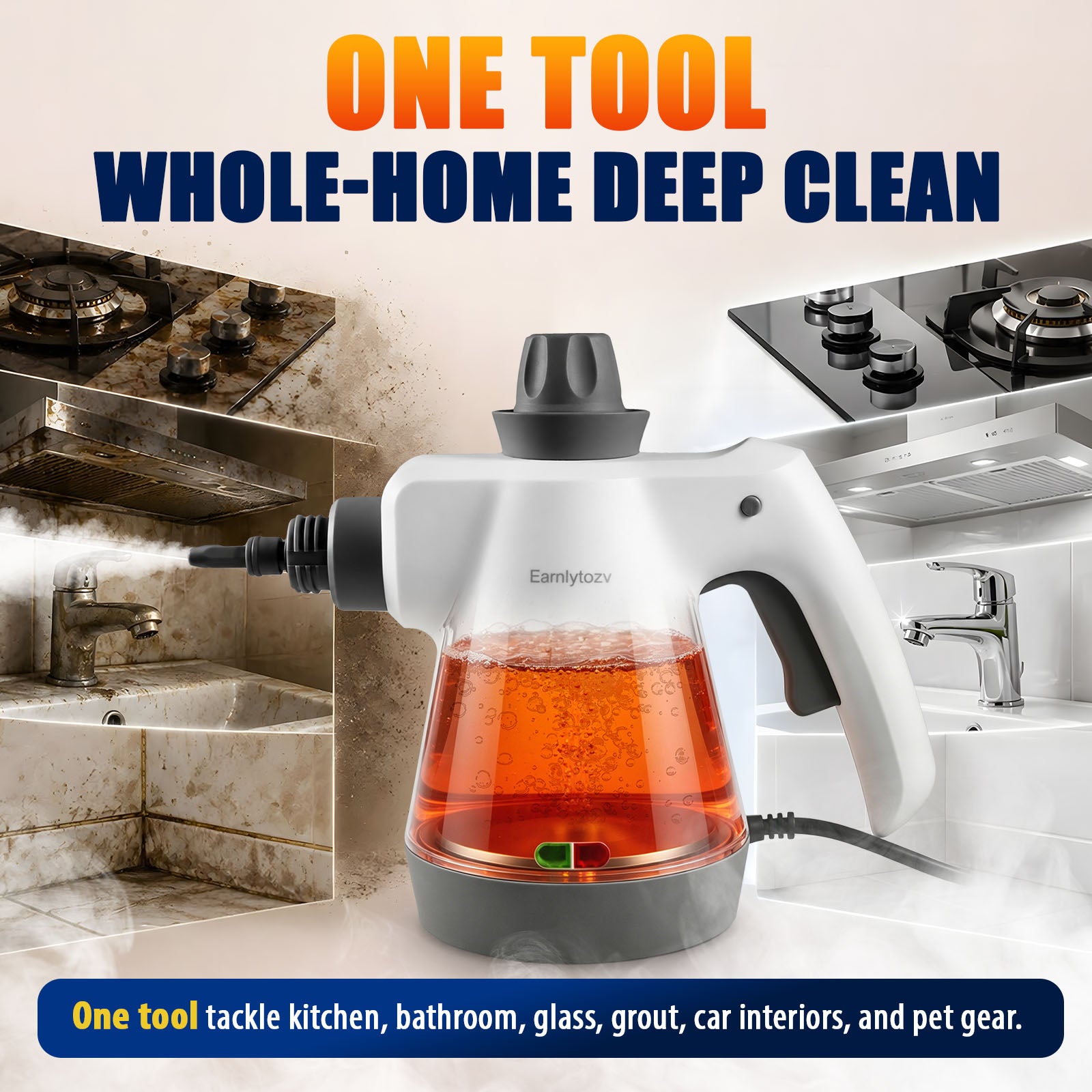 Earnlytozv Multi‑Purpose Steam Cleaner | 230°F Chemical‑Free Steam Kills 99.9% Germs | One Tool for Kitchen, Bath, Glass, Grout, Car & Pet Gear | Extra‑Large Tank for Longer Steam