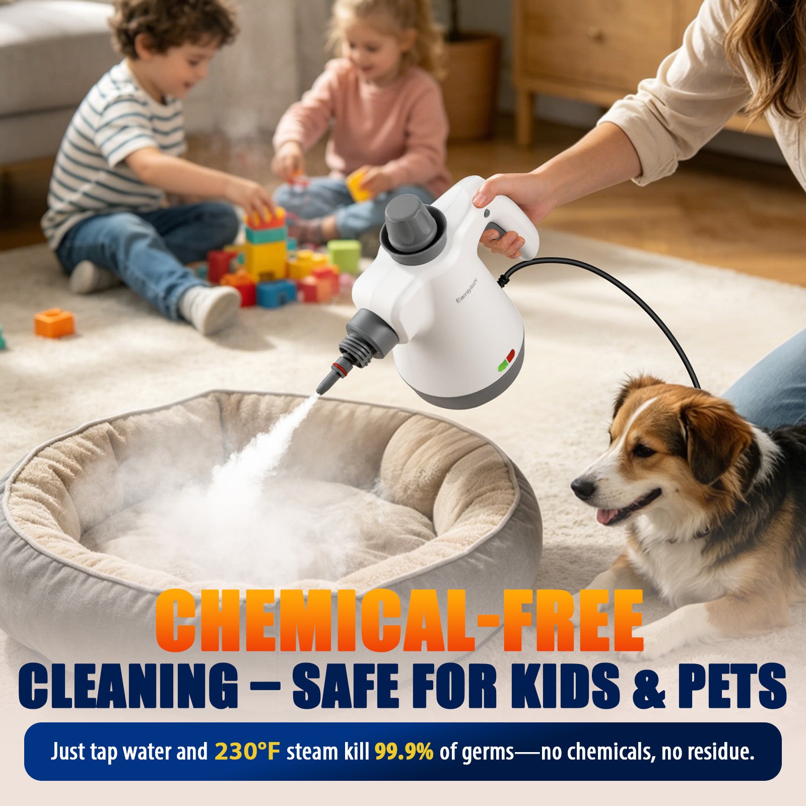 Earnlytozv Multi‑Purpose Steam Cleaner | 230°F Chemical‑Free Steam Kills 99.9% Germs | One Tool for Kitchen, Bath, Glass, Grout, Car & Pet Gear | Extra‑Large Tank for Longer Steam